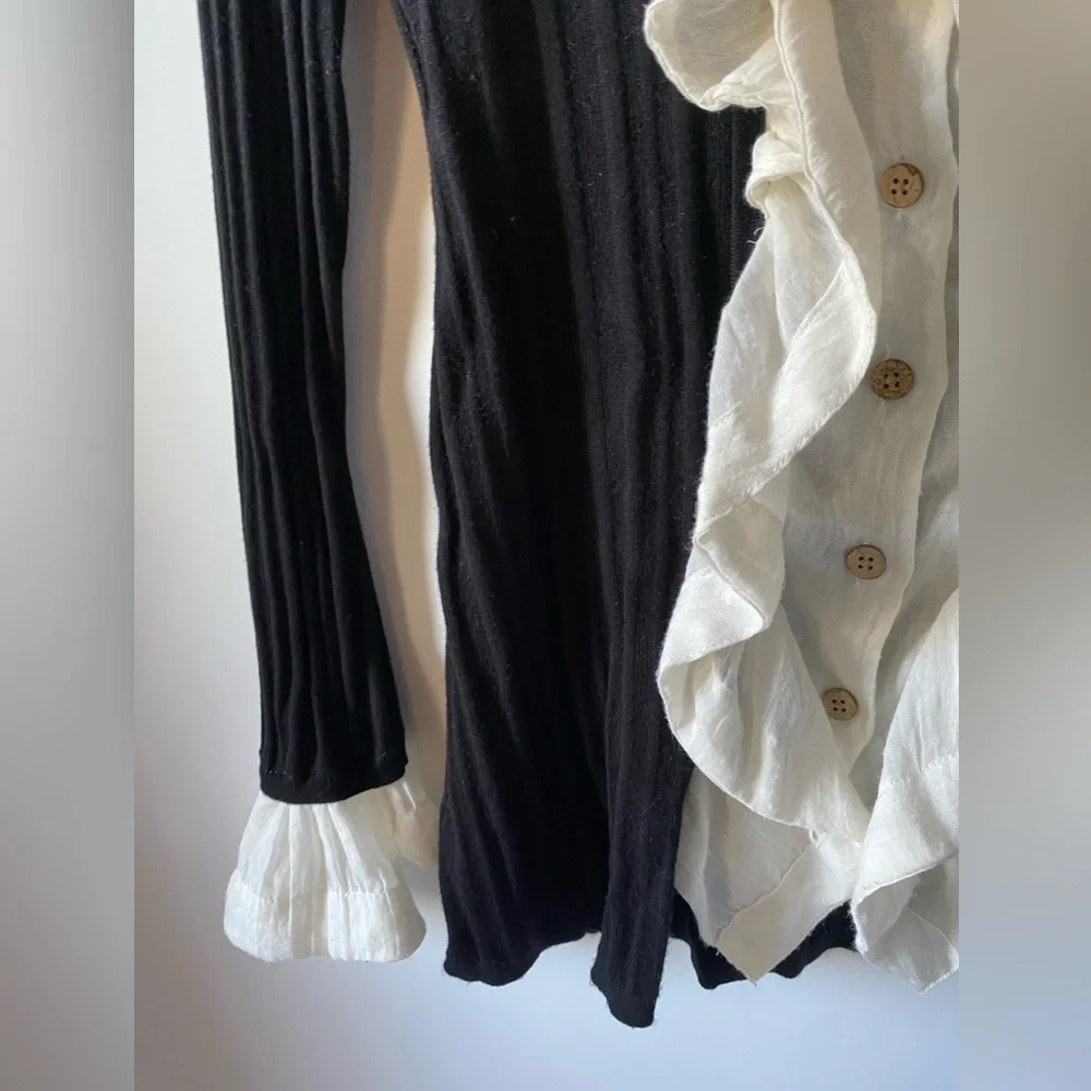 Anthropologie Knitted & Knotted Ruffle Cardigan Black/White Small - Picture 6 of 8